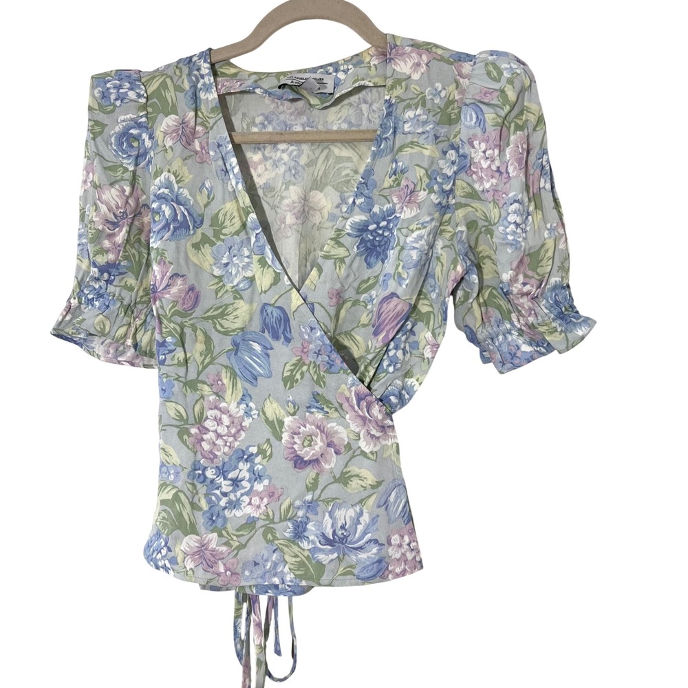 & Other Stories Wrap Top Size 2 Blue Floral Puff Sleeve Blouse Feminine Romantic